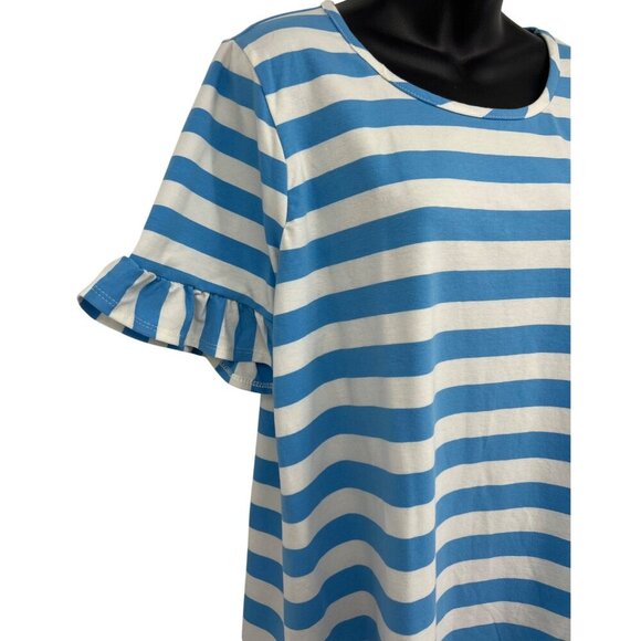NY Collection Blue White Stripe Ruffle Sleeve Top Extra Large XL Round Neck New - Picture 3 of 8